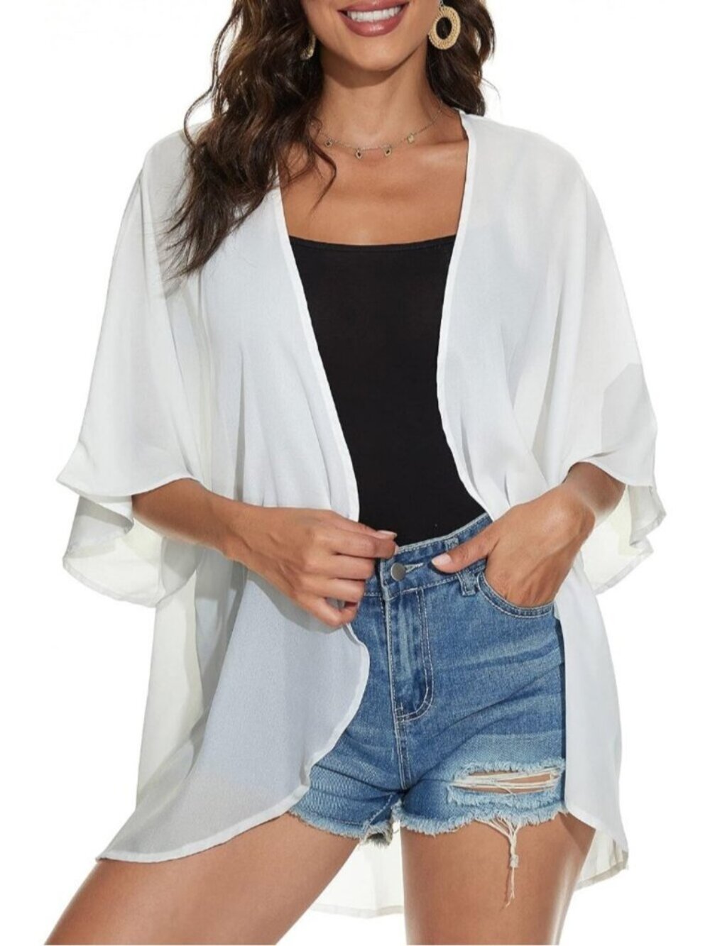🆕Womens White Polyester Kimono Cardigan Beach Swimwear Cover Up Top Puff Sleeve